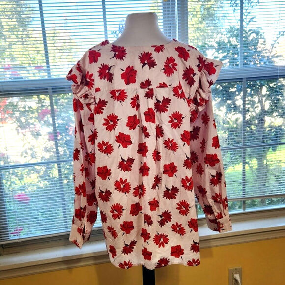 Free Assembly $24 XXL Red Floral 100% Cotton Button Ruffle Shoulder Top - Picture 8 of 14